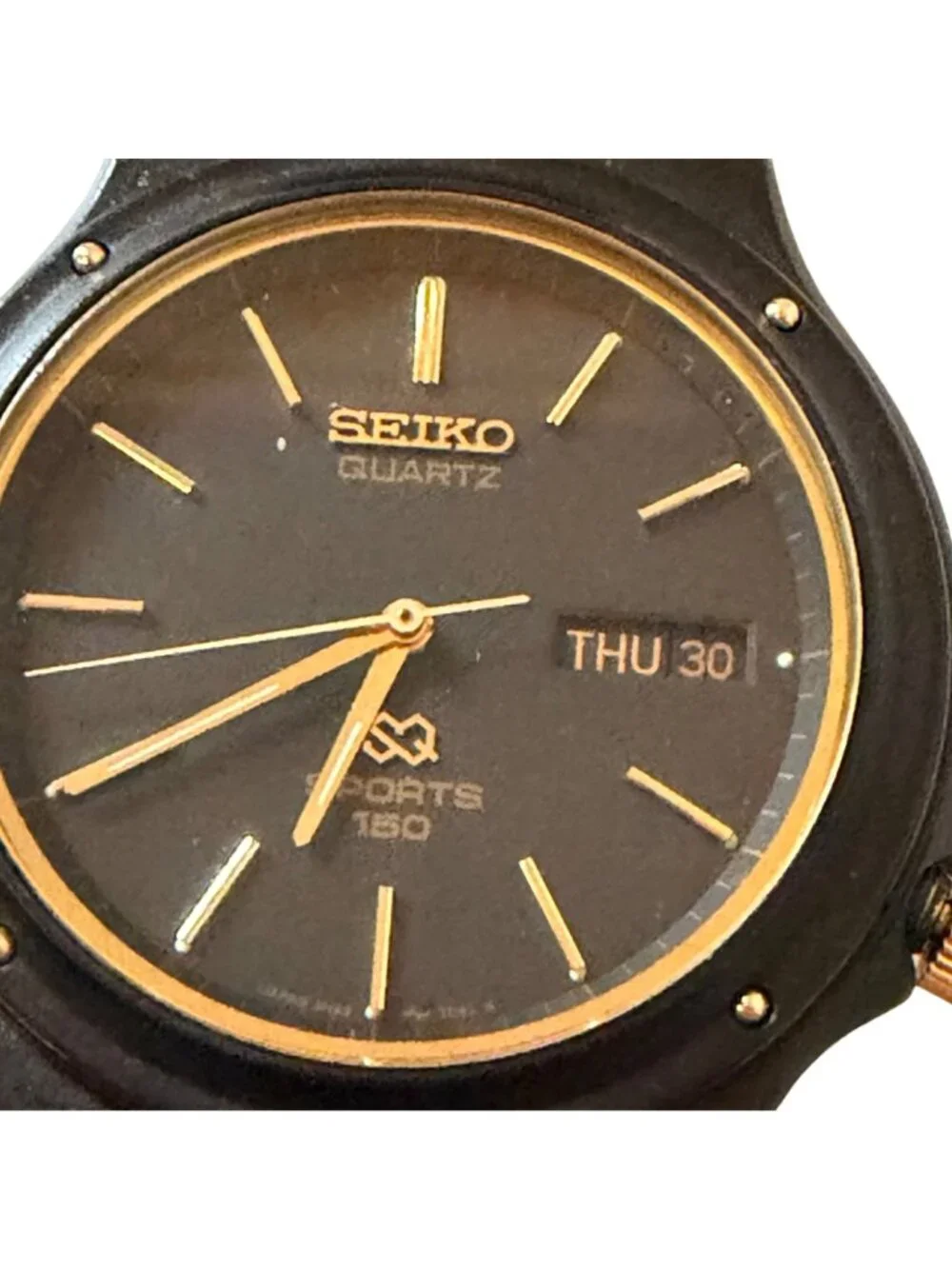 Vintage Seiko Sports 150 Quartz 5H25-7D60 Black Gold Day Date Japan Watch